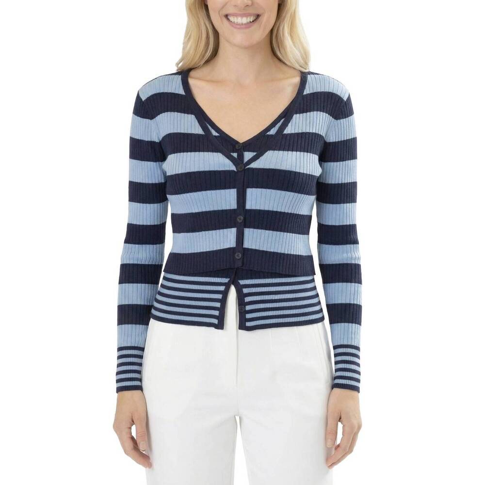 NEW AREA STARS women's striped long sleeve knit top in light blue navy